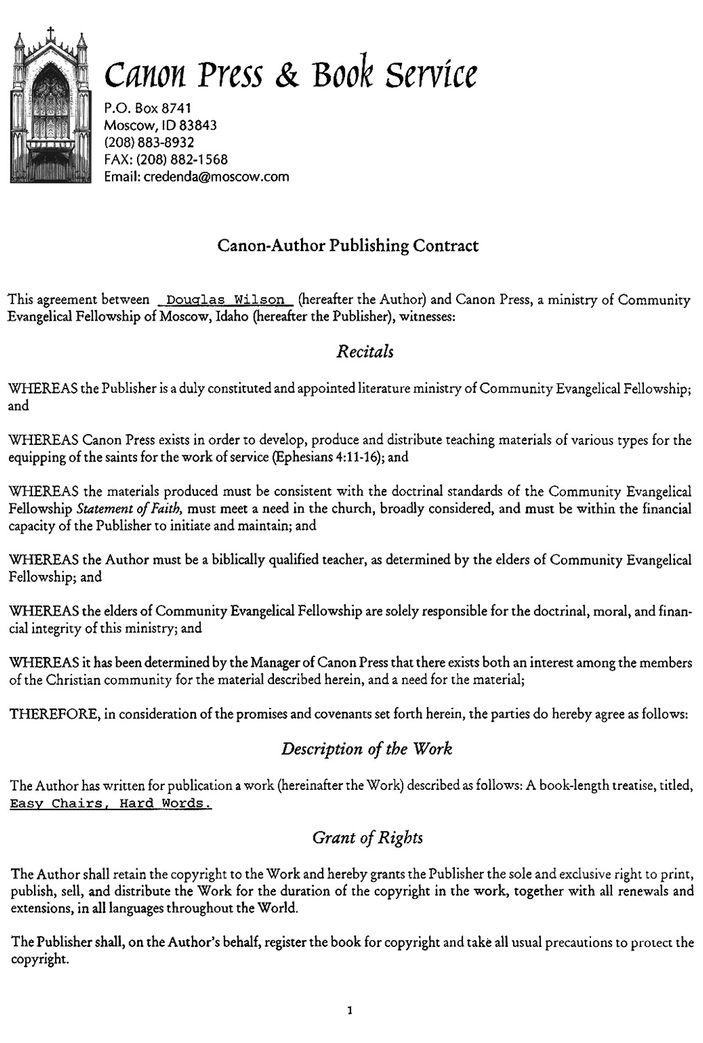 Canon Press Contract, page 1