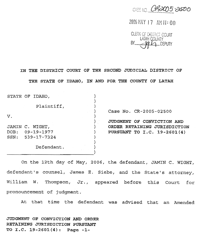 Judgment of Conviction and Order Retaining Jurisdiction page 1